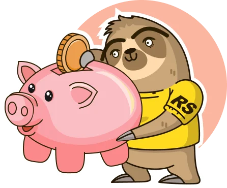 A sloth mascot with a piggy bank in his hands